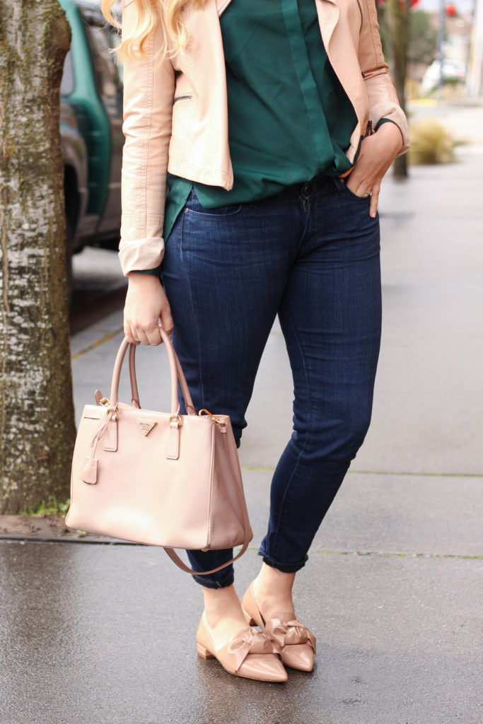 dressing for spring when it's still cold out - zara bow flats - pink prada bag-1