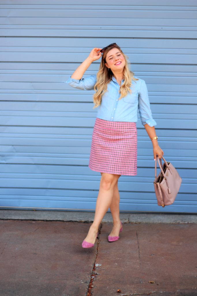 how to wear pink - J.Crew mini skirt - Prada Saffriano