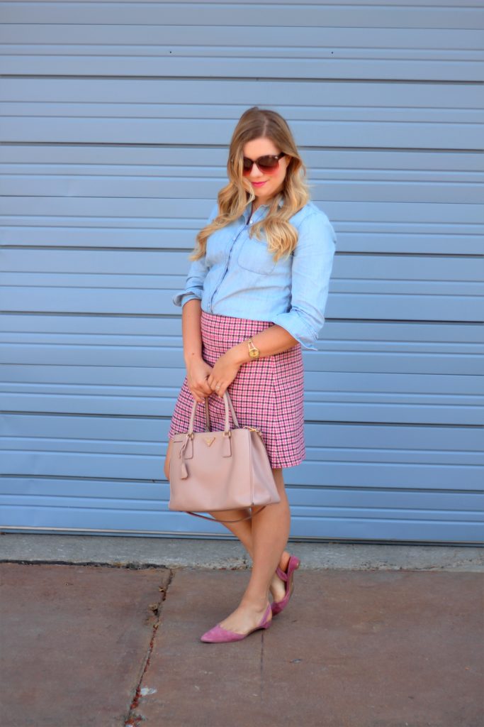 how to wear pink - J.Crew mini skirt - Prada Saffriano