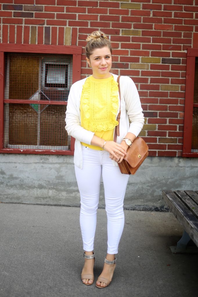 how to wear white jeans with confidence - paige denim verdugo ankle - J.Crew ruffle sweate