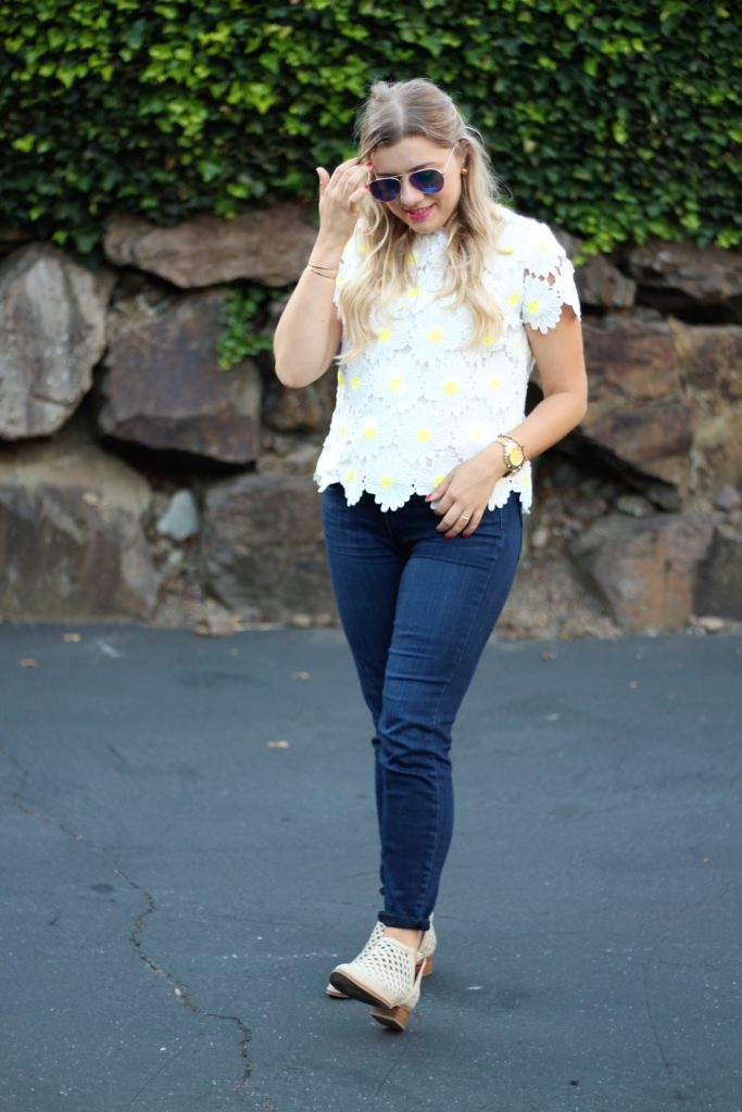 rachel parcell daisy top - northwest blonde - why I don't wear jeans - jeffrey campbell ankle boots