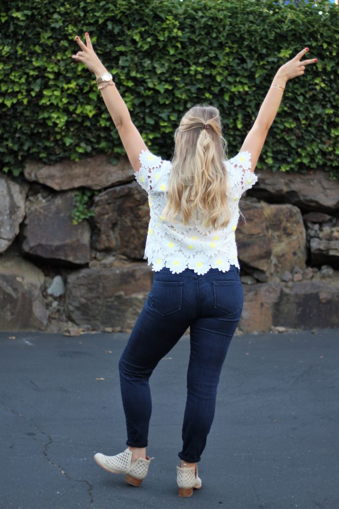 rachel parcell daisy top - northwest blonde - why I don't wear jeans - jeffrey campbell ankle boots