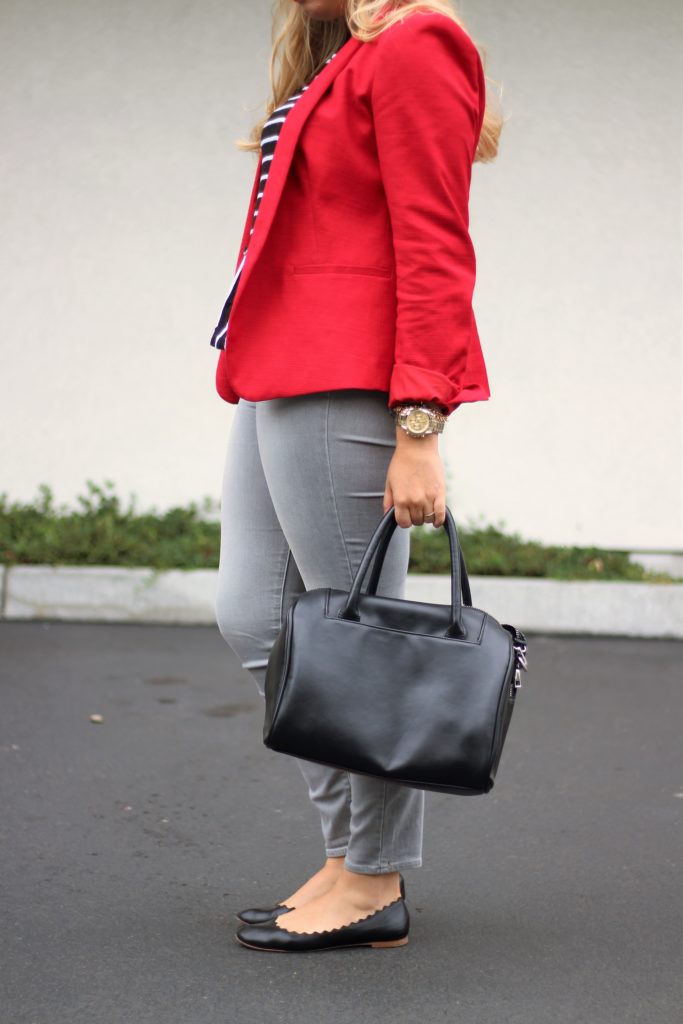 red blazer - grey jeans - chanel cap toe flat