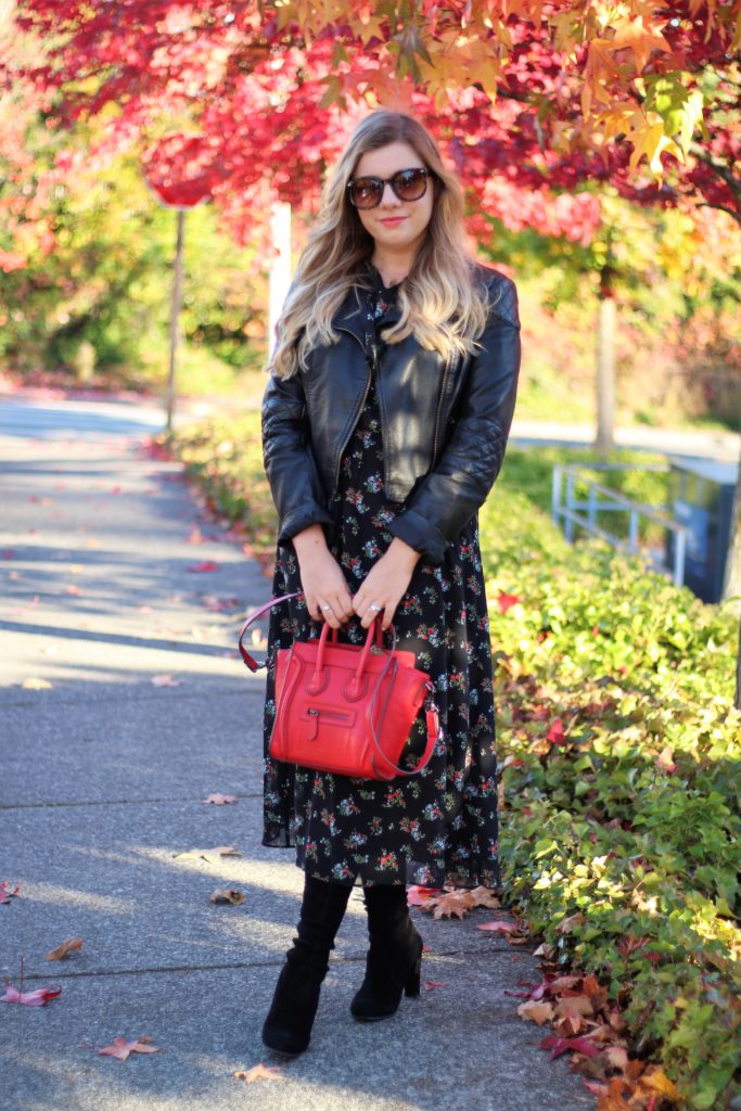 best stores for holiday shopping - wear floral in fall - the stockplace - red celine nano look alike - stuart weitzman higland - otk boots short girl- cute fall outfit - maxi dress in fall