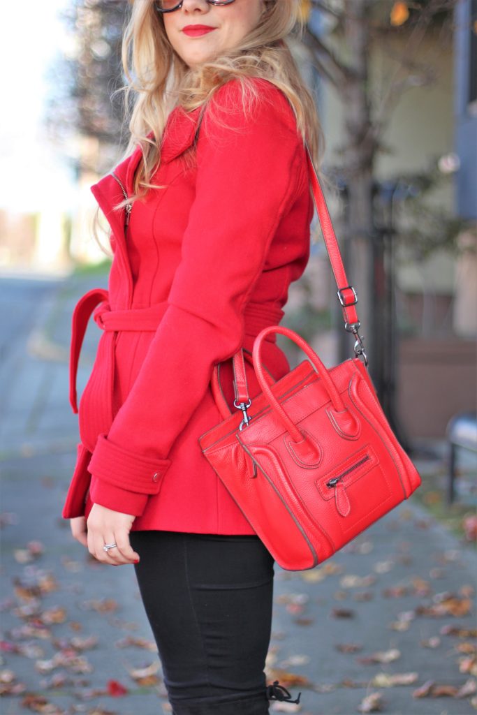 red days of christmas - red express coat - celine nano luggage look alike- chic winter outfit