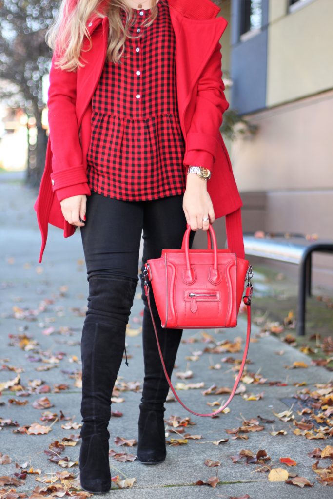 red days of christmas - red express coat - celine nano luggage look alike- chic winter outfit