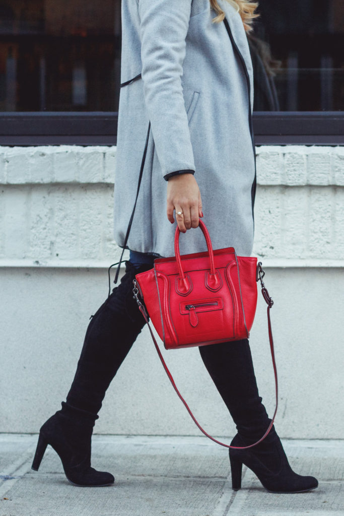 easy and warm winter outfit - stuart weitzman winter outfit - red sweater - celine mini luggage look alike