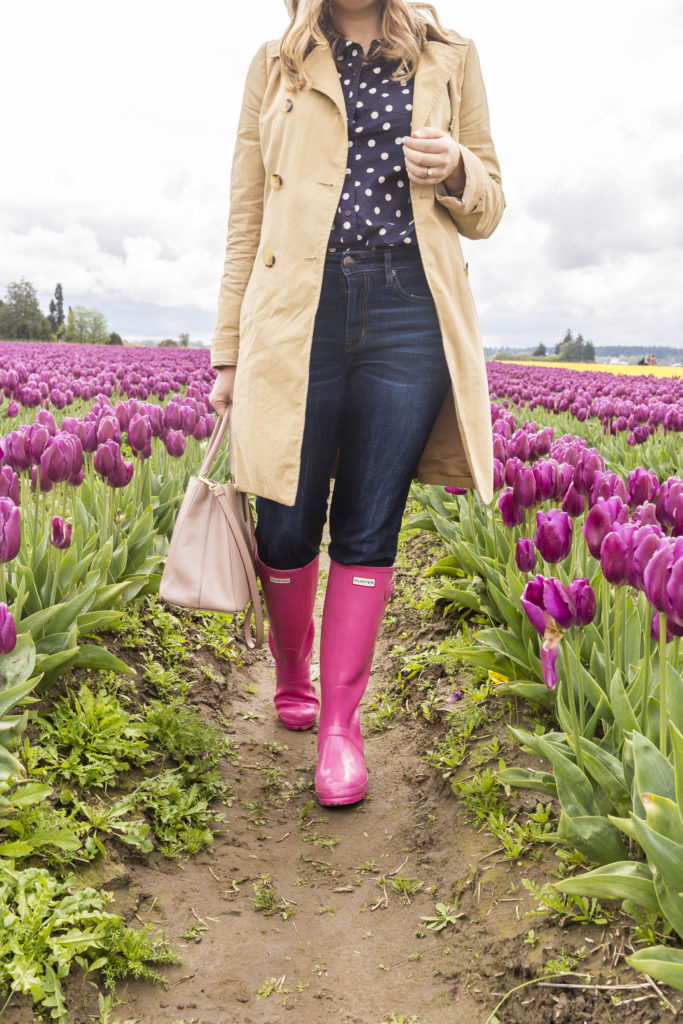 most worn spring accessories - pink hunter boots - J.Crew trench coat - tulip fields - tulip festival - Skagit Valley tulip festival