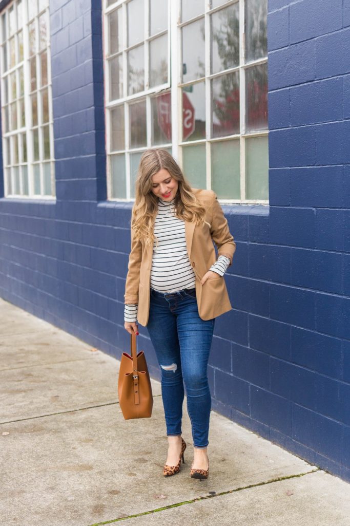 classic style staples - timeless style staples - easy polished look - dressed up casual - old navy maternity jeans - leopard print high heels - cute fall maternity
