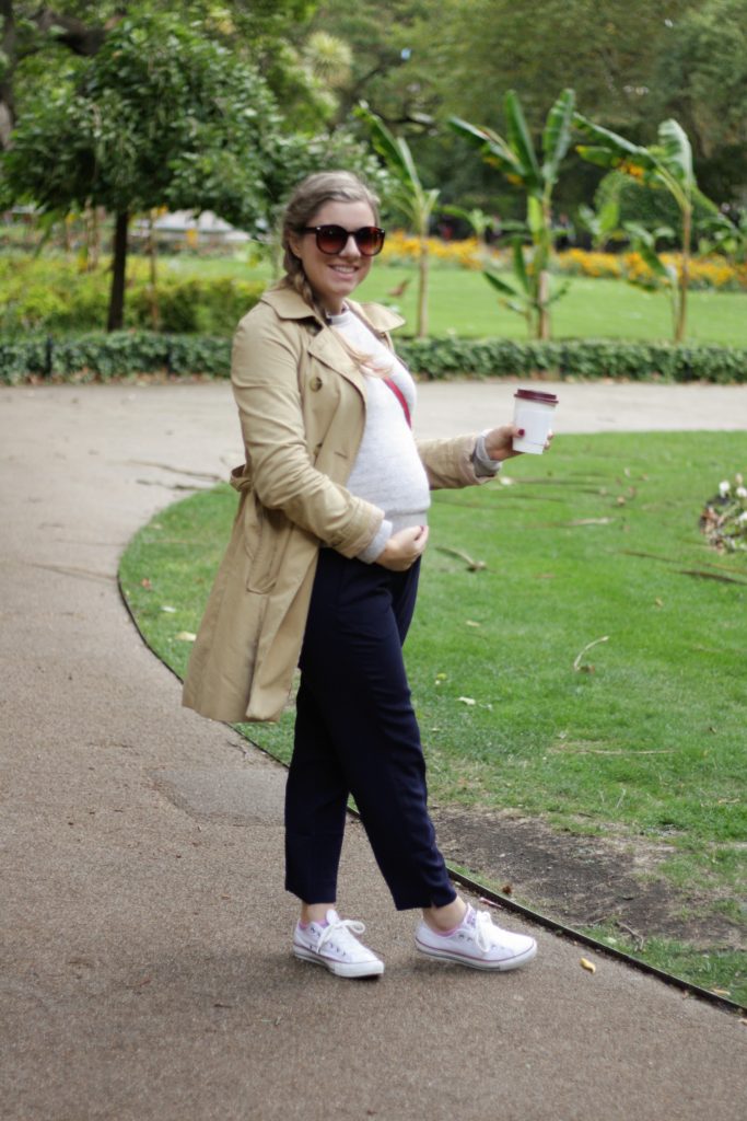 jcrew drapey pull on pants - fall maternity outfit idea - fall travel capsule wardrobe - Whitehall Gardens 