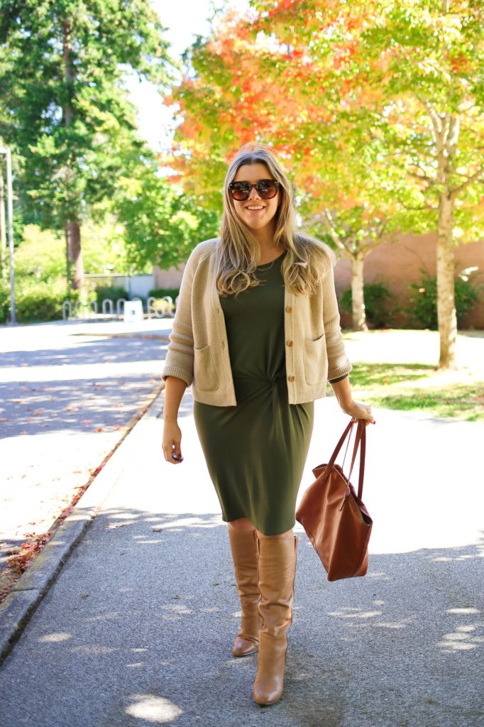 A stretchy dress and slouchy boots are an easy fall outfit idea for when you want to get dressed up for fall. This cute fall outfit is a easy way to wear a dress with boots. Get more fall outfit ideas on NorthwestBlonde.com #fallfashion #falloutfitidea