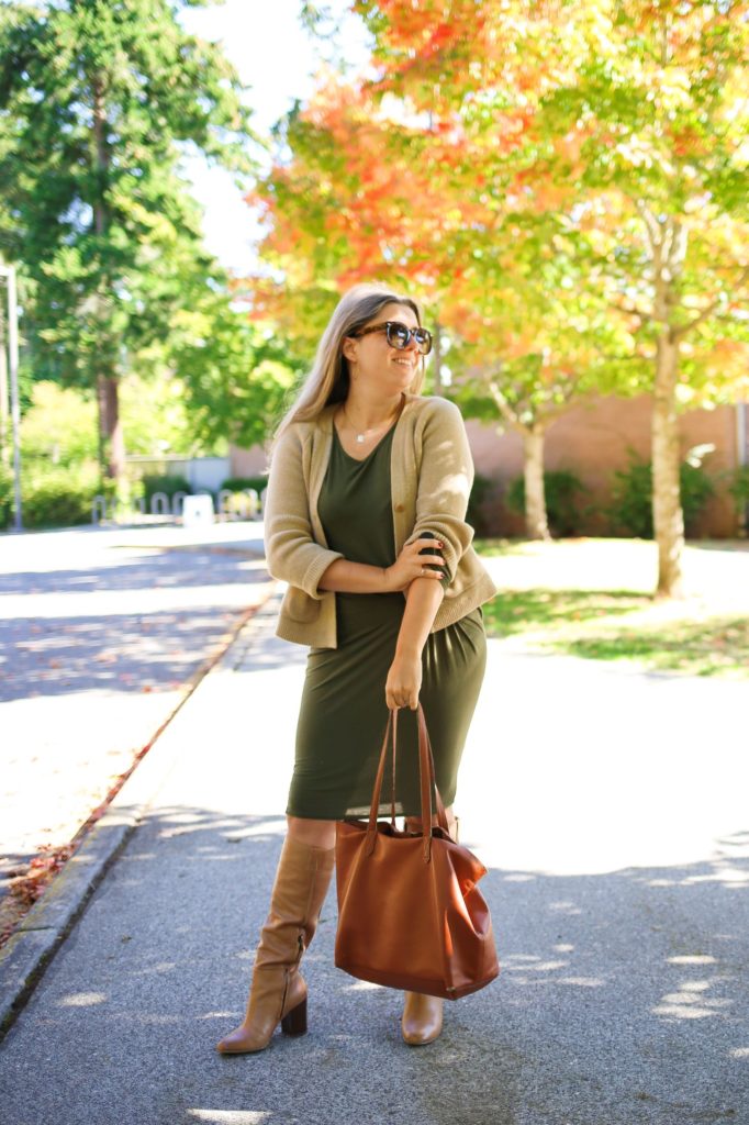 A stretchy dress and slouchy boots are an easy fall outfit idea for when you want to get dressed up for fall. This cute fall outfit is a easy way to wear a dress with boots. Get more fall outfit ideas on NorthwestBlonde.com #fallfashion #falloutfitidea