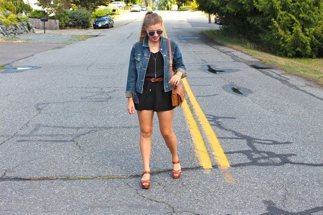 romper - denim jacket - Start the Week Stylish - Northwest Blonde - Coach City bag