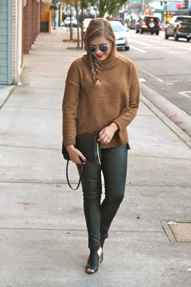 Fall casual in leather leggings and chunky knits