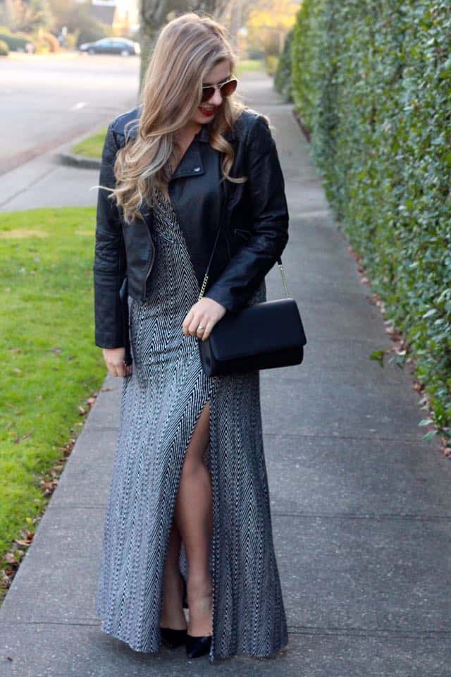maxi dress with faux leather moto jacket - Rachel Zoe inspired look - holiday party style
