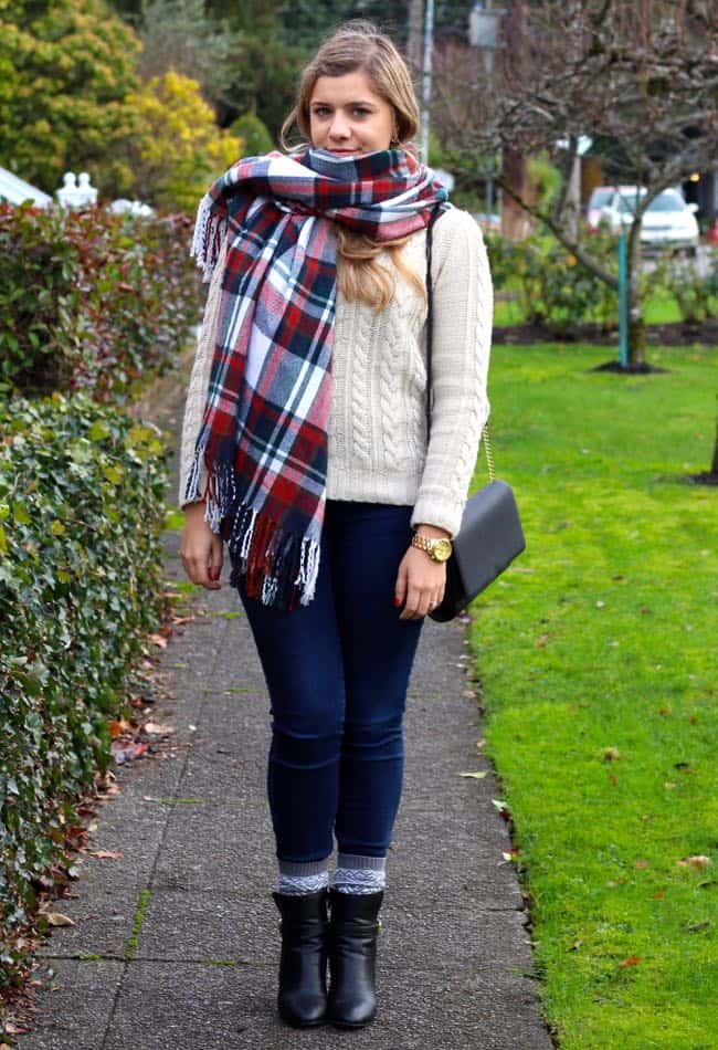 J.Crew blanket scarf - plaid blanket scarf - cable knits - winter fashion