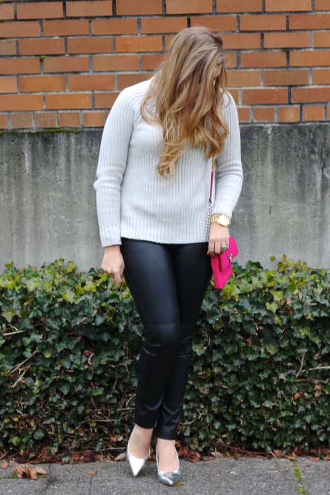 Grey sweater, silver shoes, pop of pink