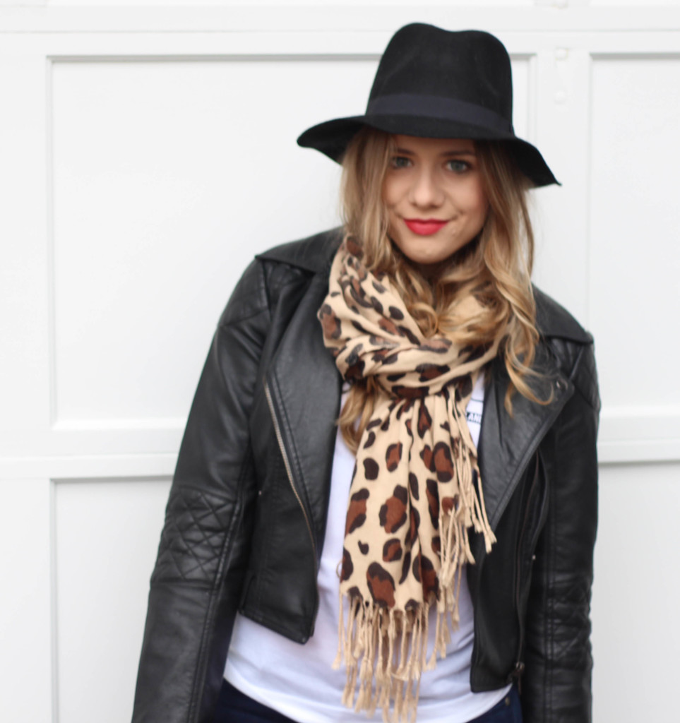 fedora and leopard print scarves