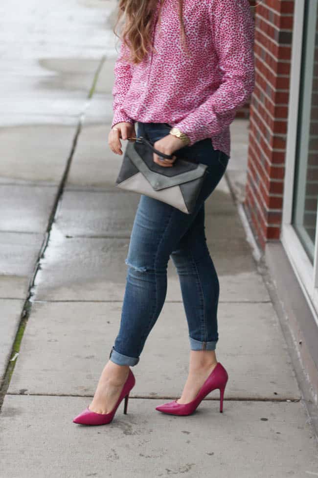 pink pumps and ripped denim