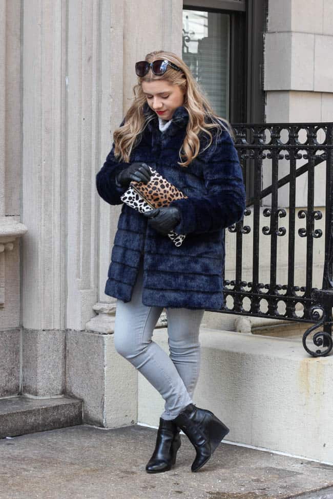 navy blue faux fur coat