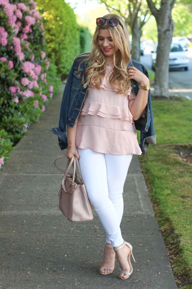 white jeans and feminine ruffles