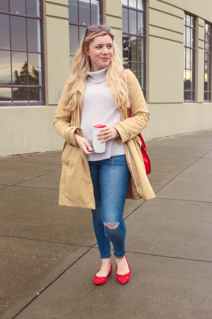 j.crew trench coat - old navy jeans - celine mini luggage 