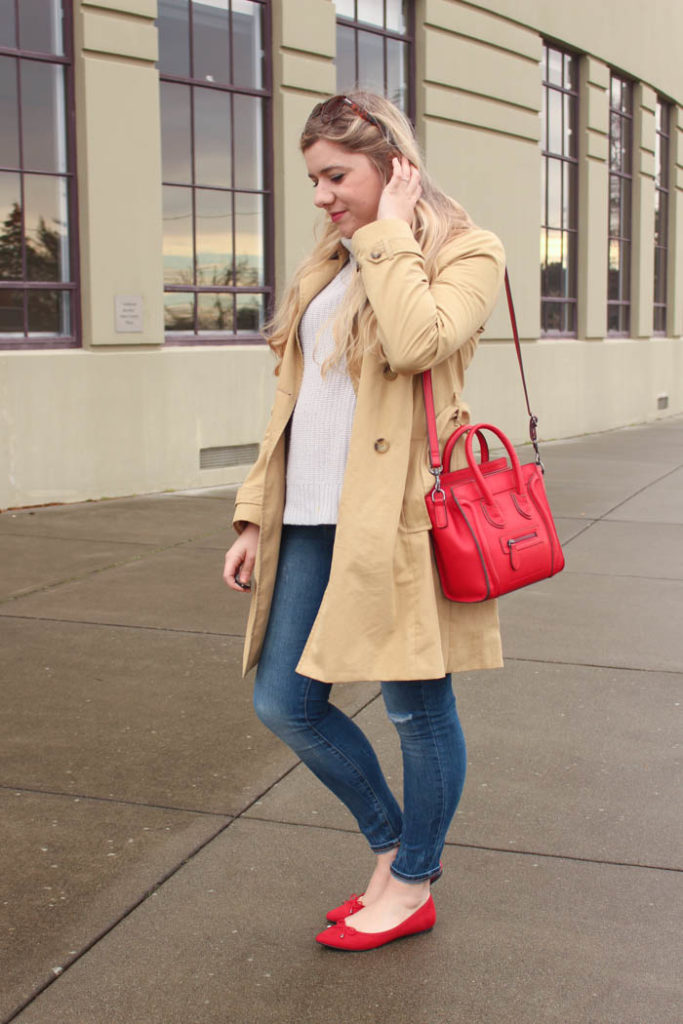 j.crew trench coat - old navy jeans - celine mini luggage 