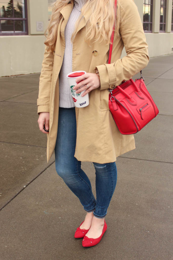 j.crew trench coat - old navy jeans - celine mini luggage 