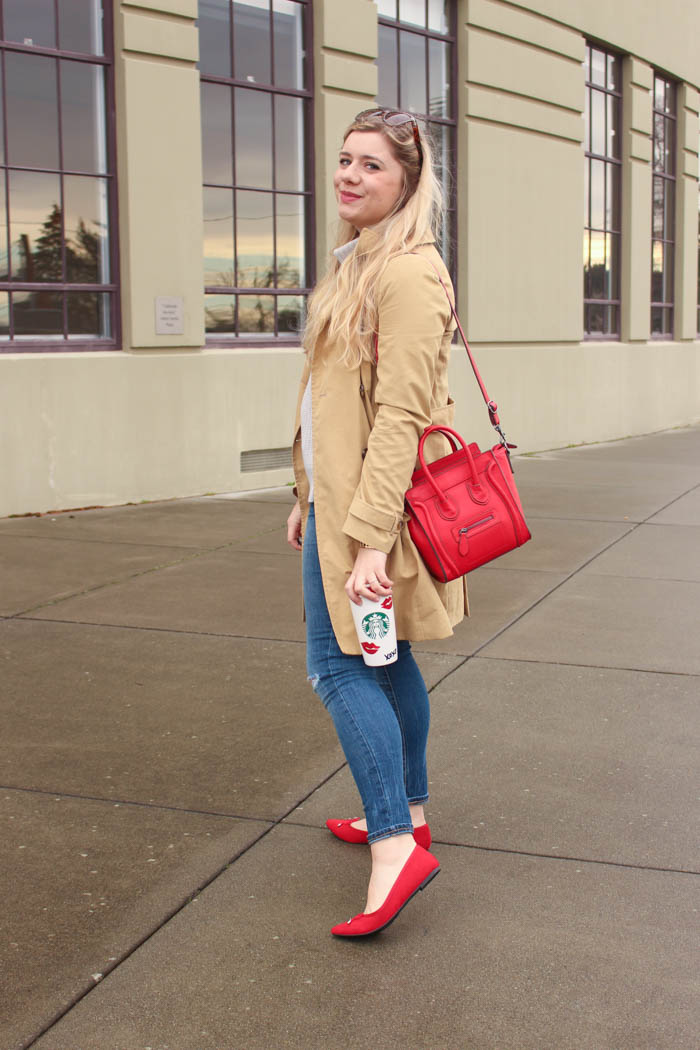 j.crew trench coat - old navy jeans - celine mini luggage
