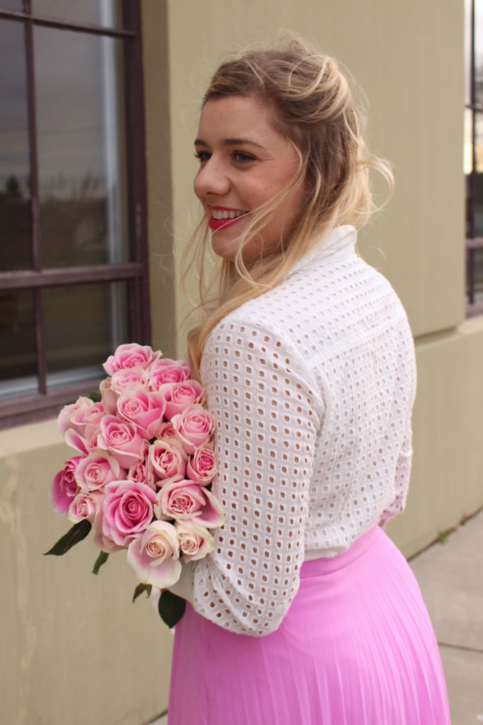 valentines outfit - pink skirt - rachel parcell 