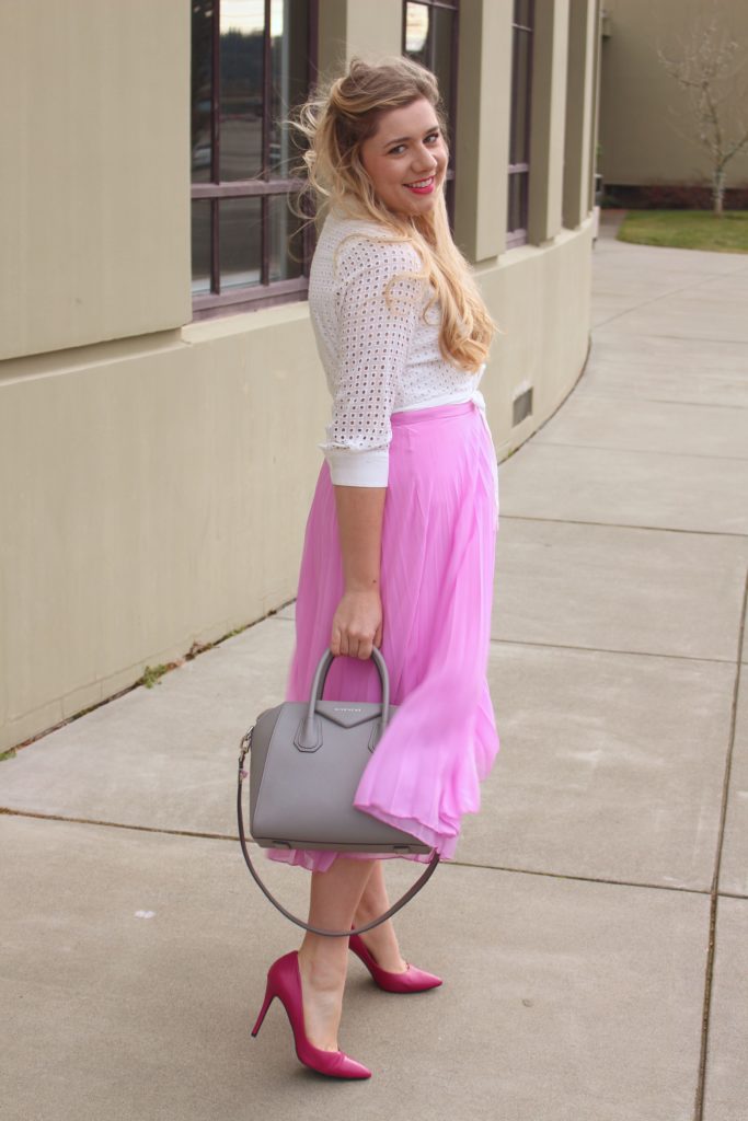 valentines outfit - pink skirt - rachel parcell 