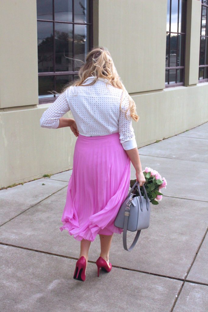 valentines outfit - pink skirt - rachel parcell 