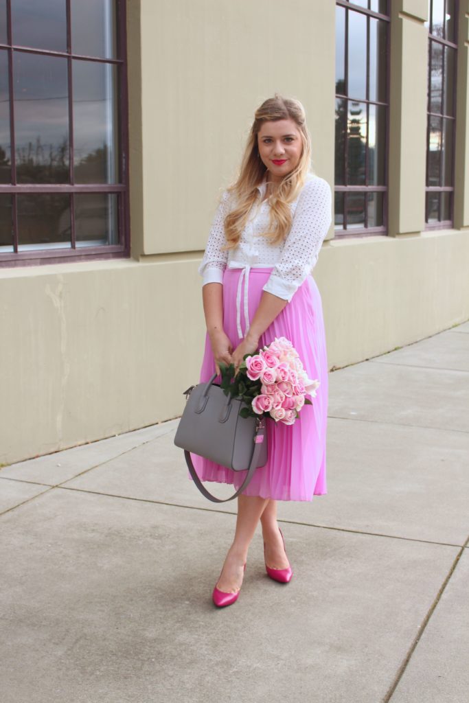 valentines outfit - pink skirt - rachel parcell 