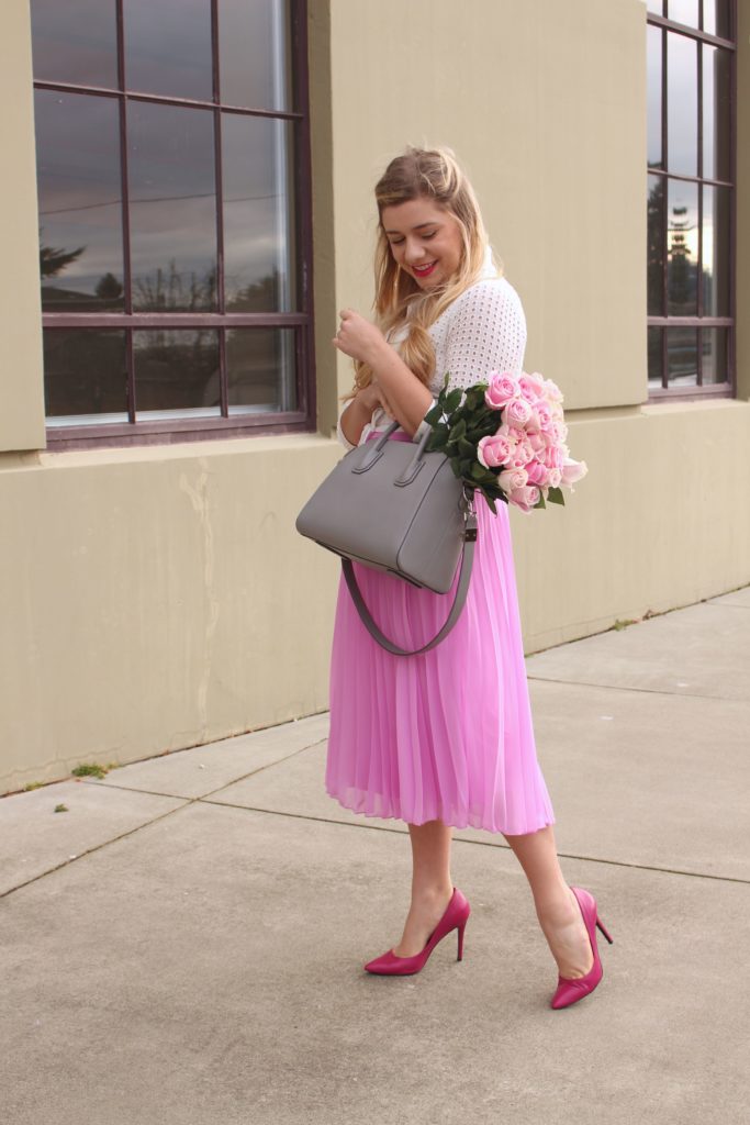 valentines outfit - pink skirt - rachel parcell 