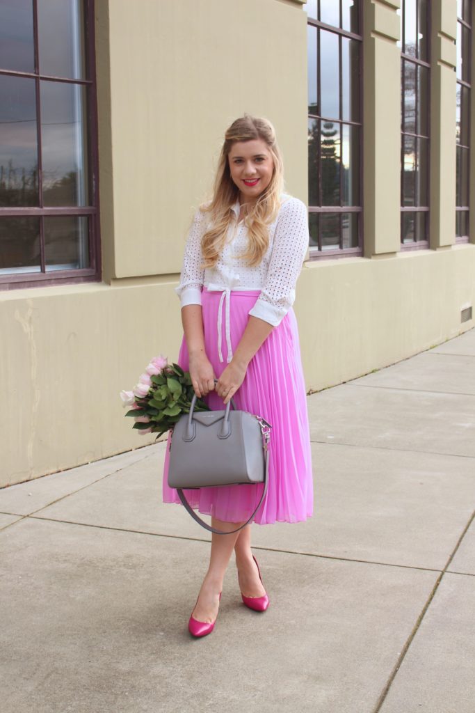 valentines outfit - pink skirt - rachel parcell 