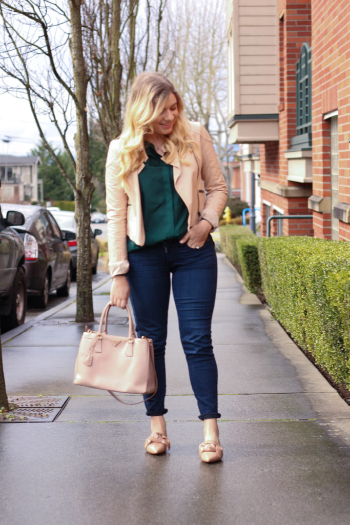 dressing for spring when it's still cold out - zara bow flats - pink prada bag-1