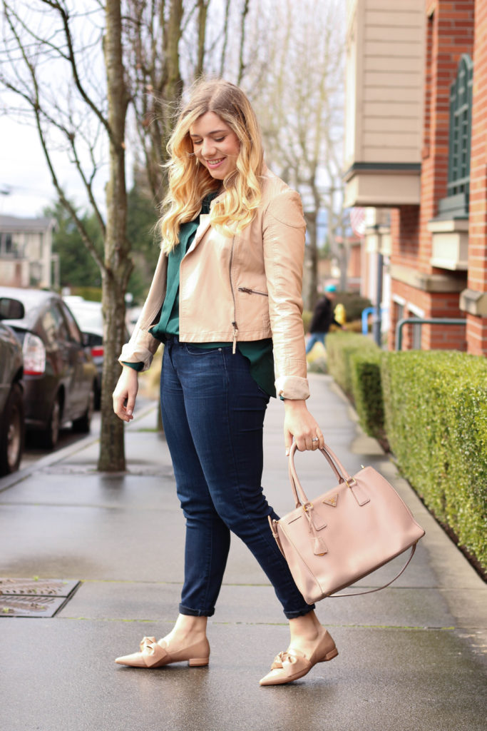 dressing for spring when it's still cold out - zara bow flats - pink prada bag-1
