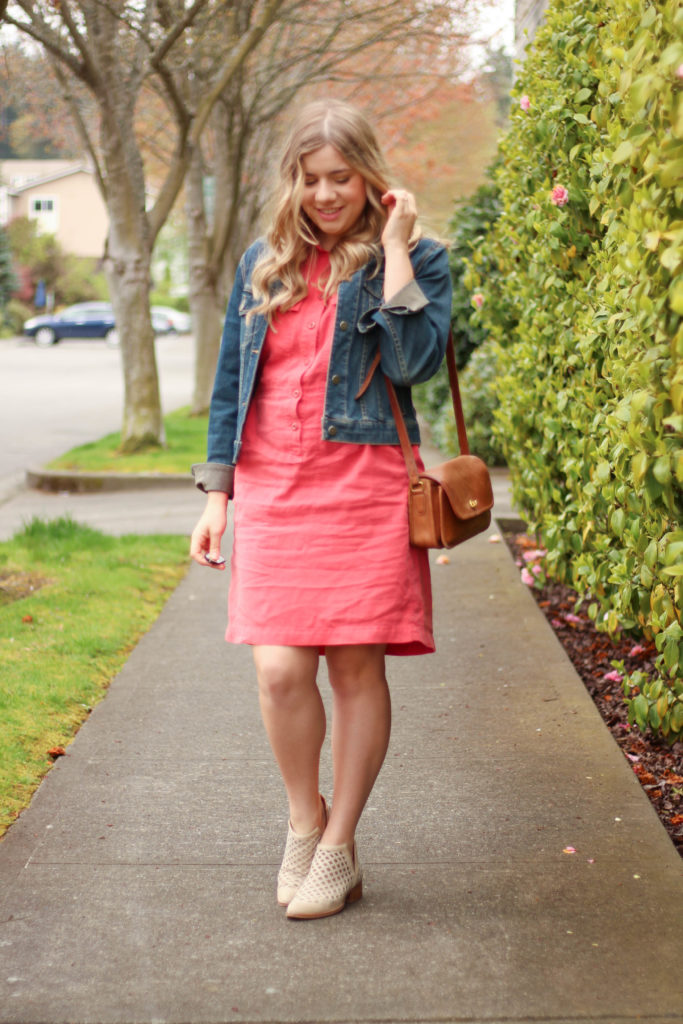 j.crew denim dress - jeffrey campbell taggart booties - casual weekend spring outfit