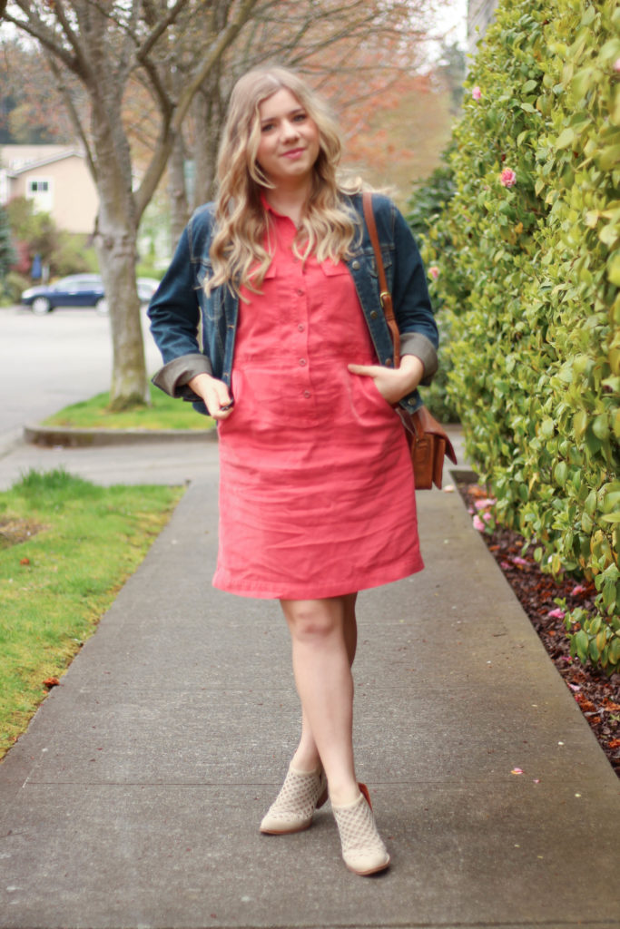 j.crew denim dress - jeffrey campbell taggart booties - casual weekend spring outfit