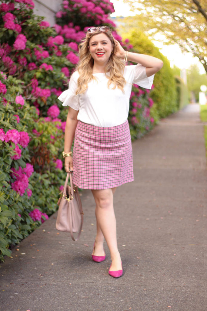 statement sleeves for the faint of heart - j.crew eyelet top - pink houndstooth skirt
