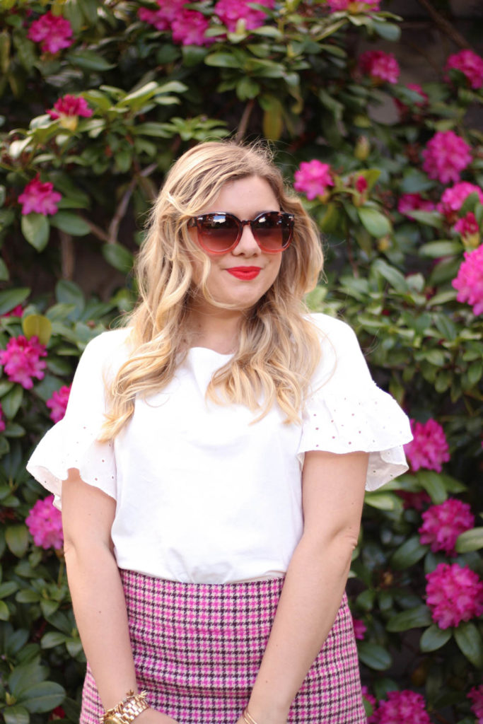 statement sleeves for the faint of heart - j.crew eyelet top - pink houndstooth skirt