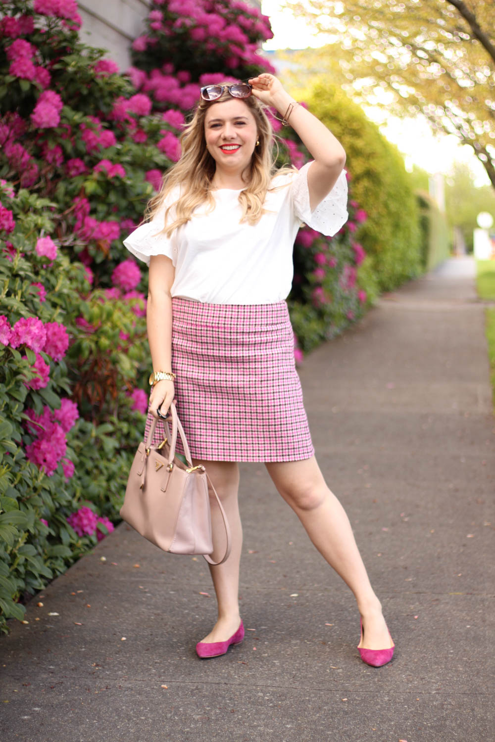 statement sleeves for the faint of heart - j.crew eyelet top - pink houndstooth skirt