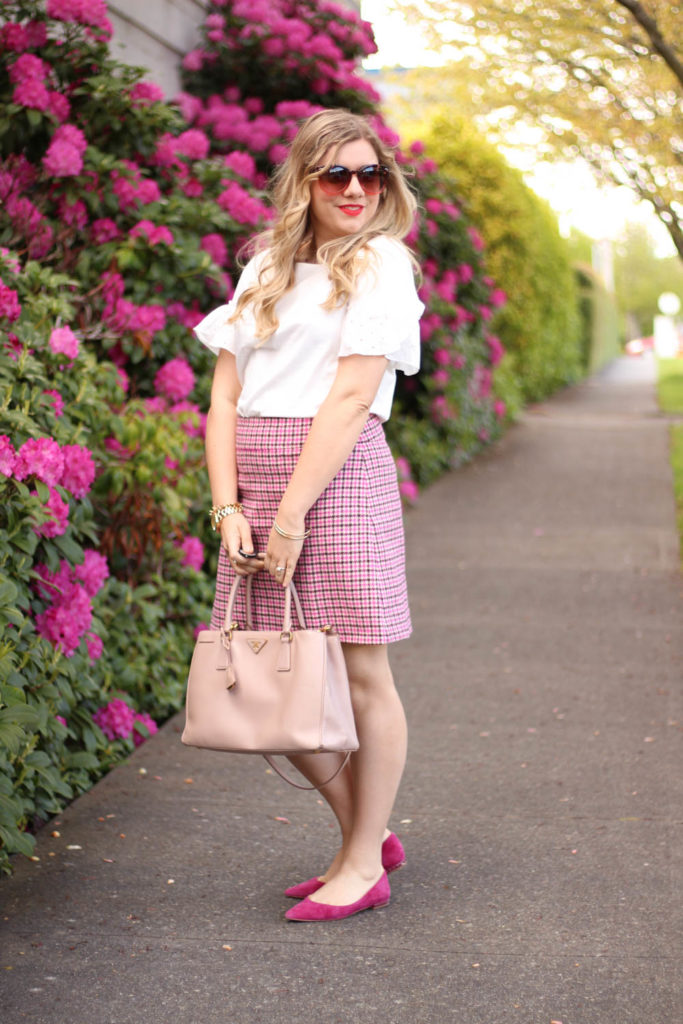 statement sleeves for the faint of heart - j.crew eyelet top - pink houndstooth skirt