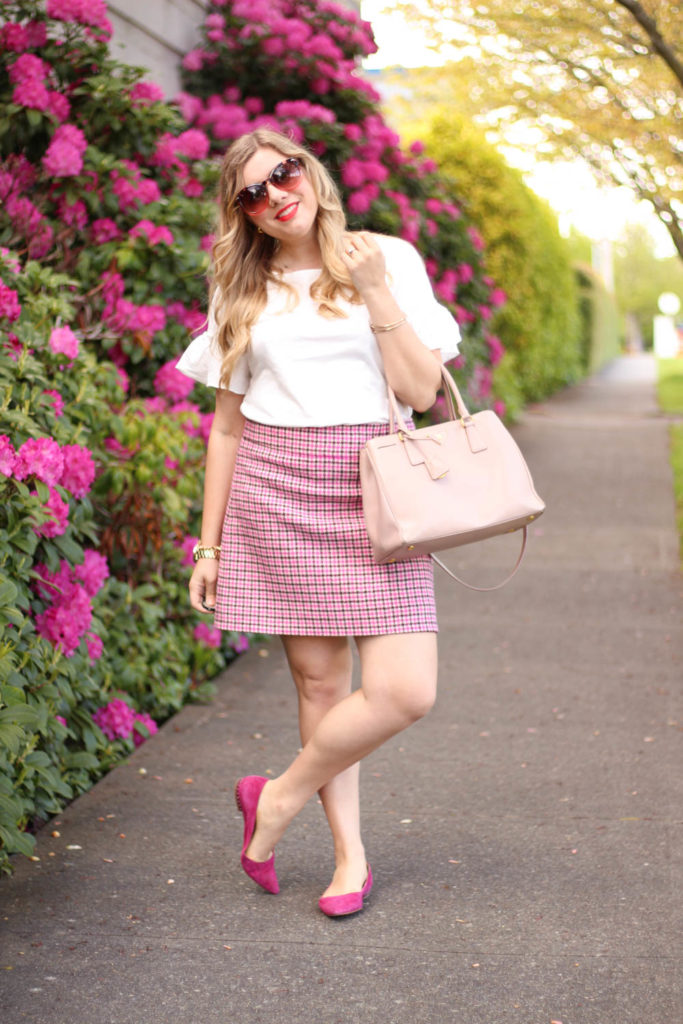 statement sleeves for the faint of heart - j.crew eyelet top - pink houndstooth skirt