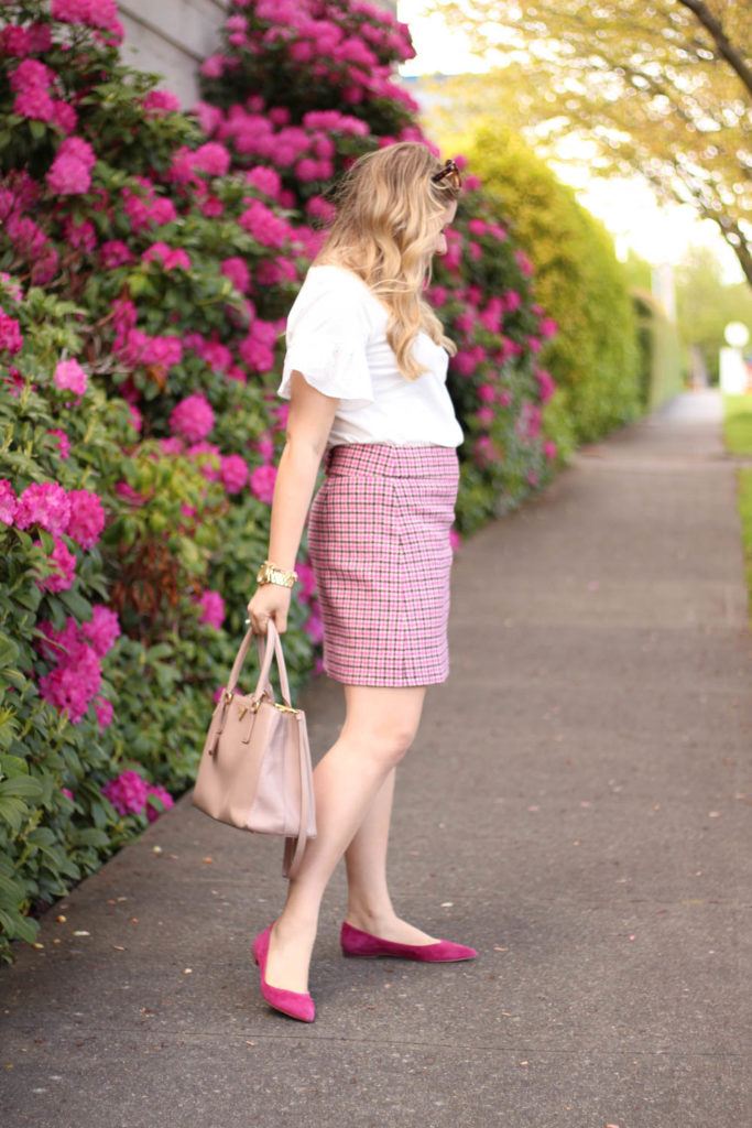 statement sleeves for the faint of heart - j.crew eyelet top - pink houndstooth skirt