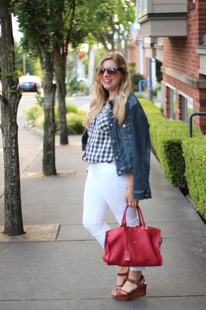 paige white jeans - YSL bag - Frye platform