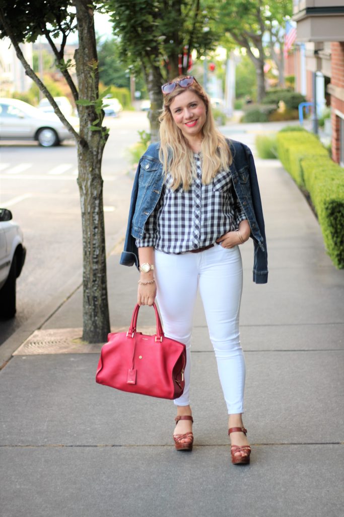 paige white jeans - YSL bag - Frye platform