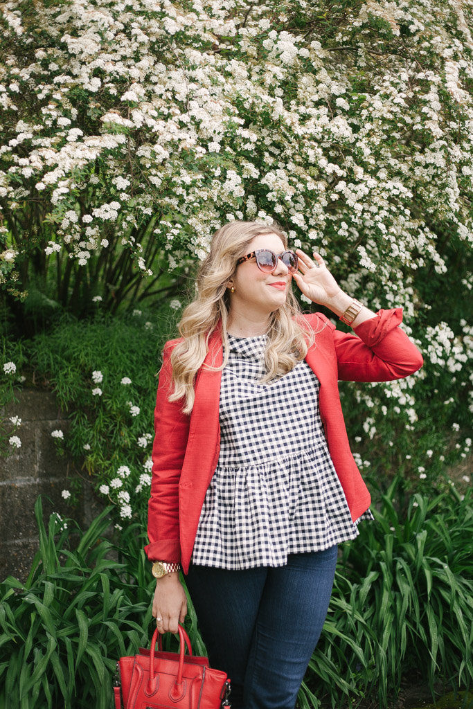 red blazer - celine nano luggage tote - Victoria Beckham gingham