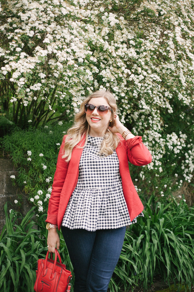 red blazer - celine nano luggage tote - Victoria Beckham gingham
