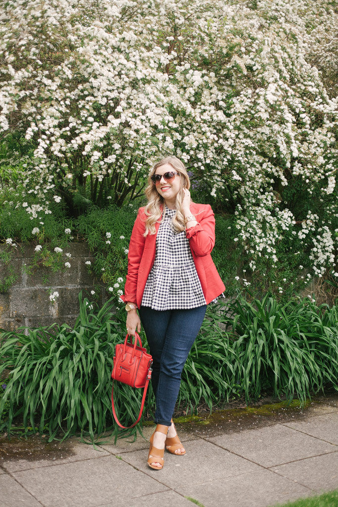 red blazer - celine nano luggage tote - Victoria Beckham gingham